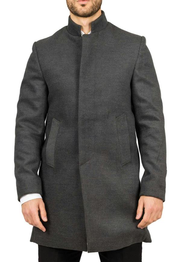 Infinity Leather Men's Grey Stand Collar Wool Blend Overcoat
