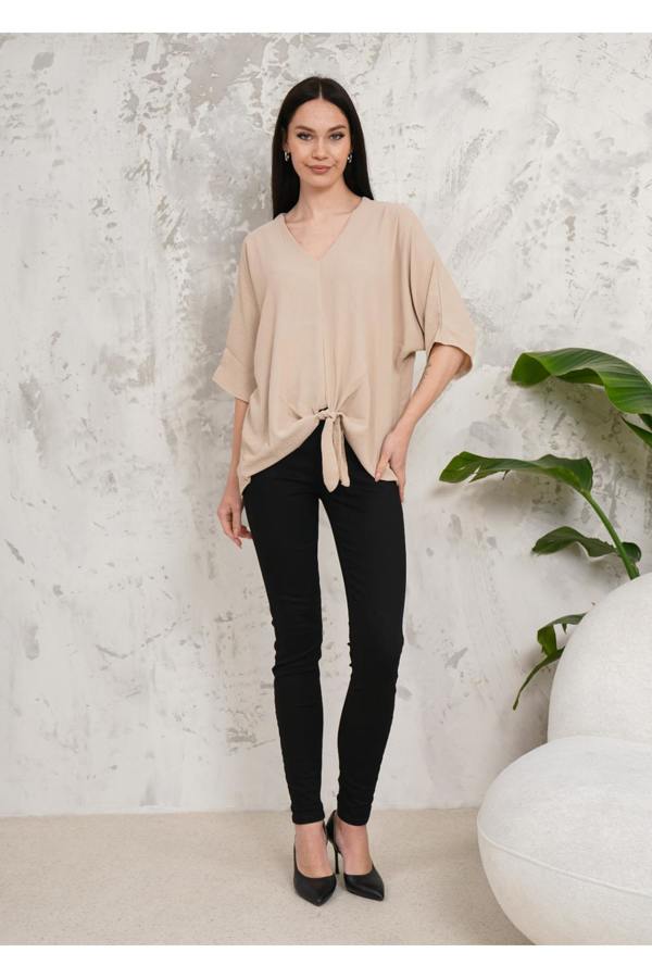 Hoxton Gal Oversized V Neck Tie Front Detailed Blouse with 3/4 Sleeves in Beige