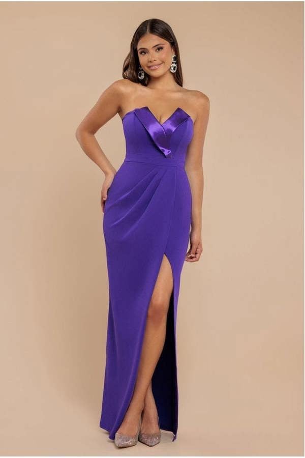Satin & Scuba Maxi With Thigh Split - Purple DR3660