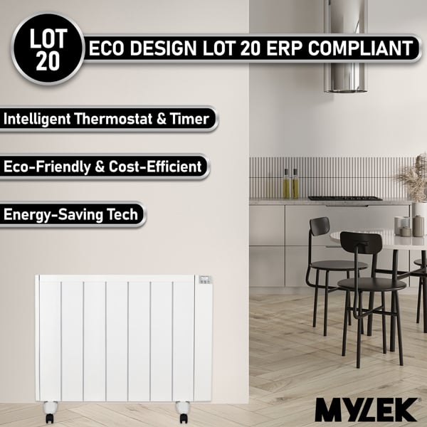 MYLEK Electric Radiator Panel Heater Ceramic White Eco 2000W Bathroom Safe Wall Mounted Or Free Standing With Timer Thermostat