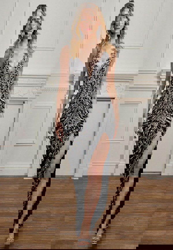 ANGELEYE Plunge Neck Silver Sequin Embellished Black Maxi Dress