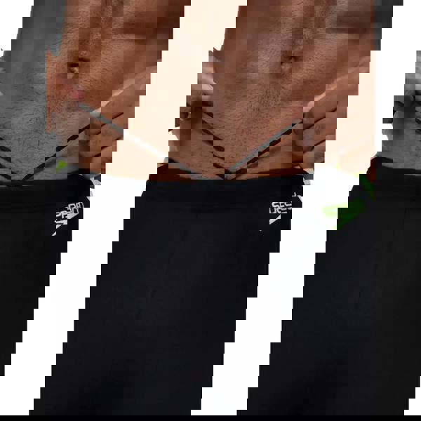 Black Speedo Hyberboom Splice Jammer swim trunks with neon green accents