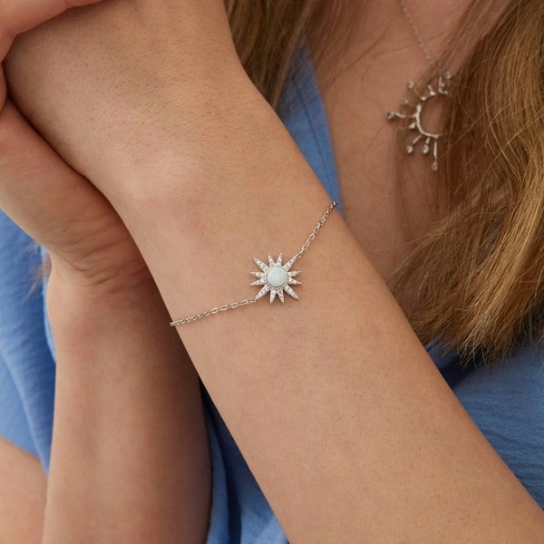 Spero London White Opal Sun Sterling Silver Bracelet