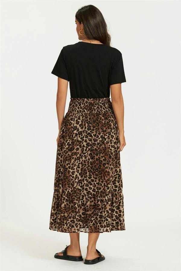 FS Collection Gold Foil Leopard Print Midi Skirt In Brown