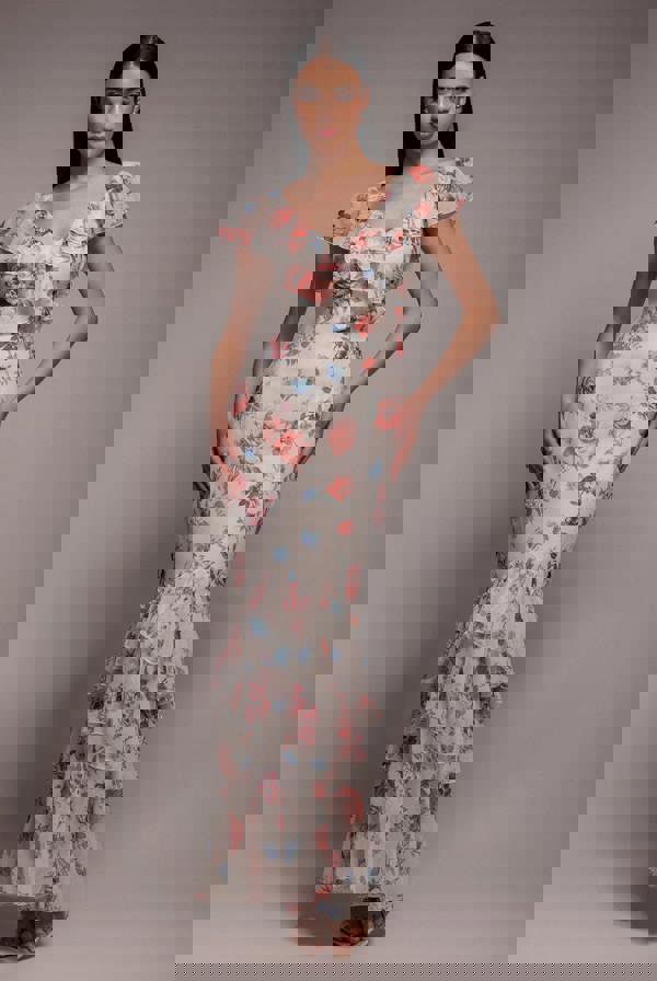 Floral Printed Chiffon Ruffle Maxi - Cream DR3750