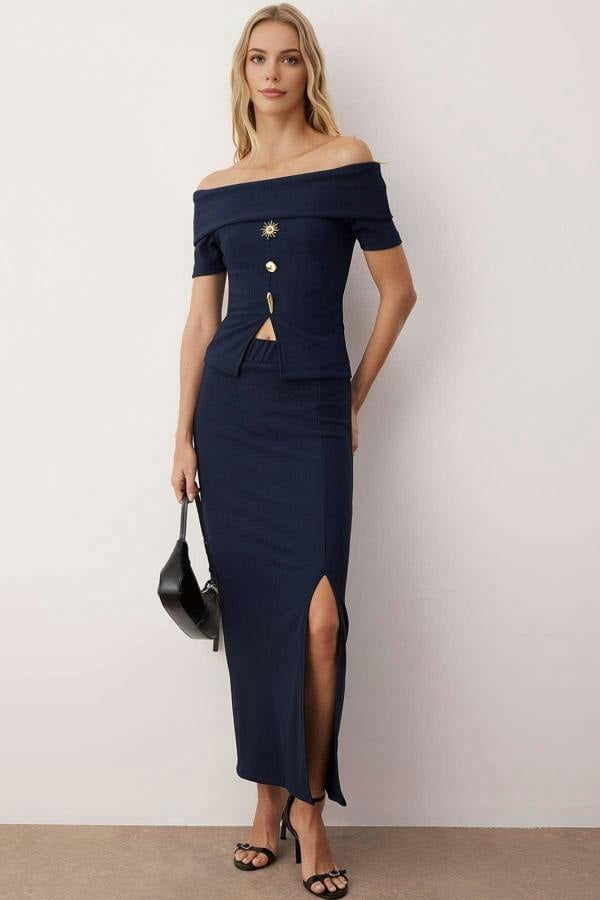 WOVCOR 2-Piece Accessory Detail Carmen Collar Blouse-Skirt Knitted Set