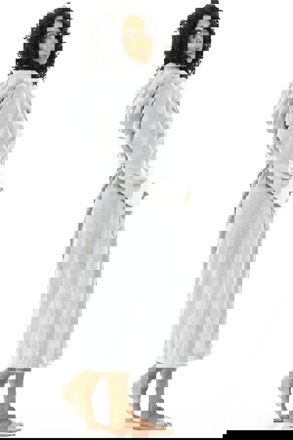 Camille Womens Light Grey Deep Pile Full Length Fleece Bathrobe with Sherpa Lined Hood & Cuffs