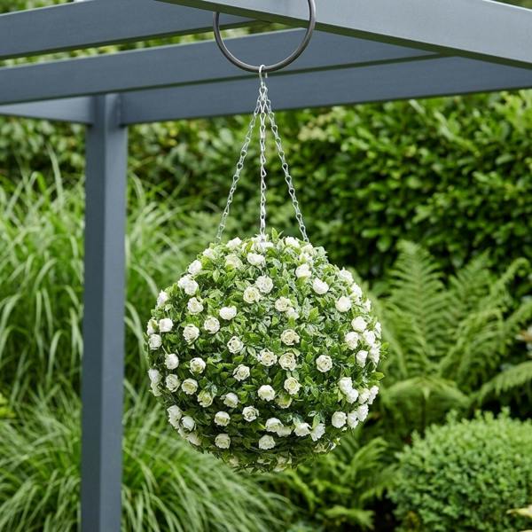 Garden Greatness Hanging Artificial White Rose Topiary Ball