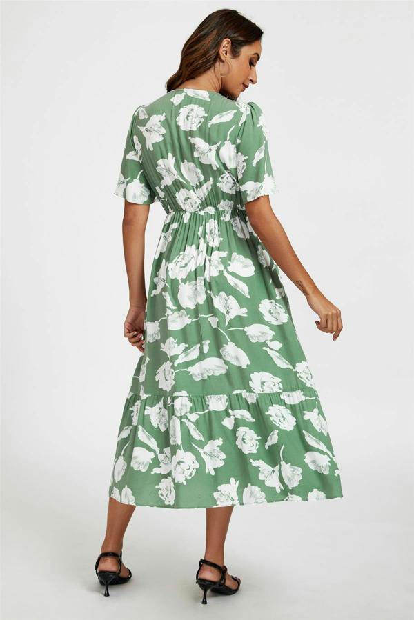 FS Collection White Floral Print Lace Detail Angel Sleeve Midi Dress In Green
