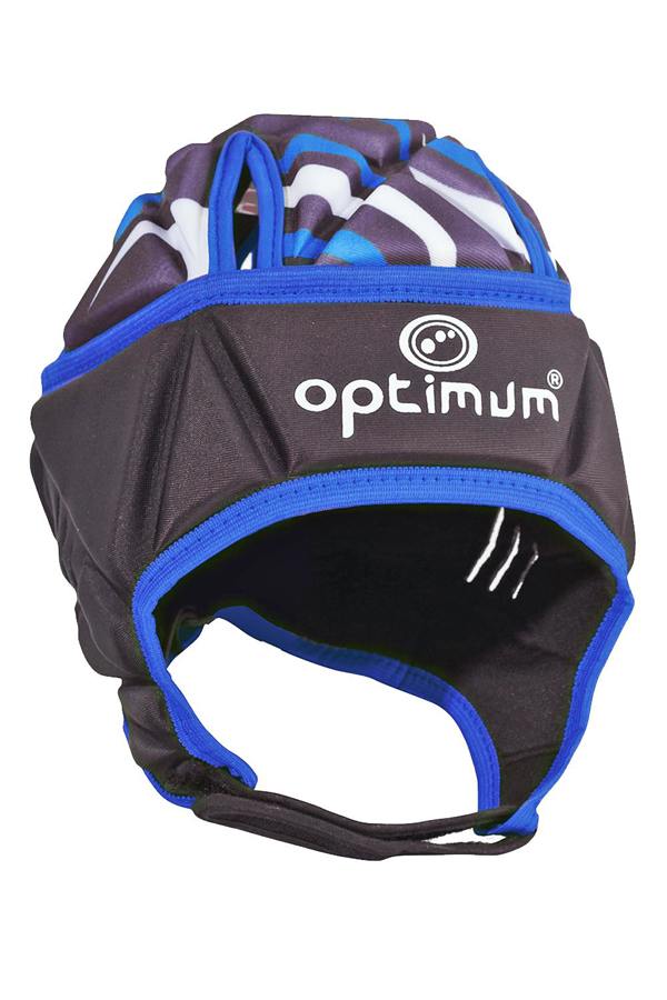Black and blue Optimum rugby headguard with blue camo top, blue trim and white logo, angled front view on white - Optimum