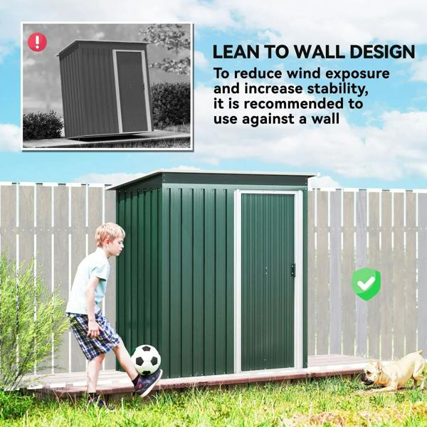 Green metal storage shed with sloped roof shown for lean-to wall placement