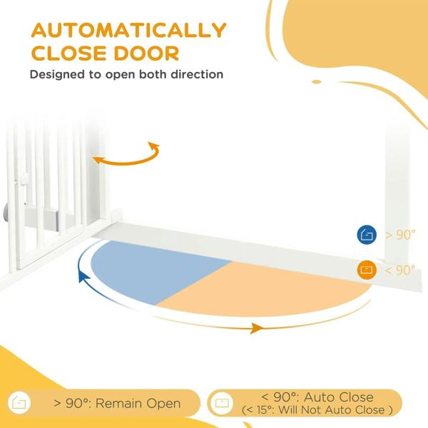 White pet gate showing auto-close door motion and stay-open angle