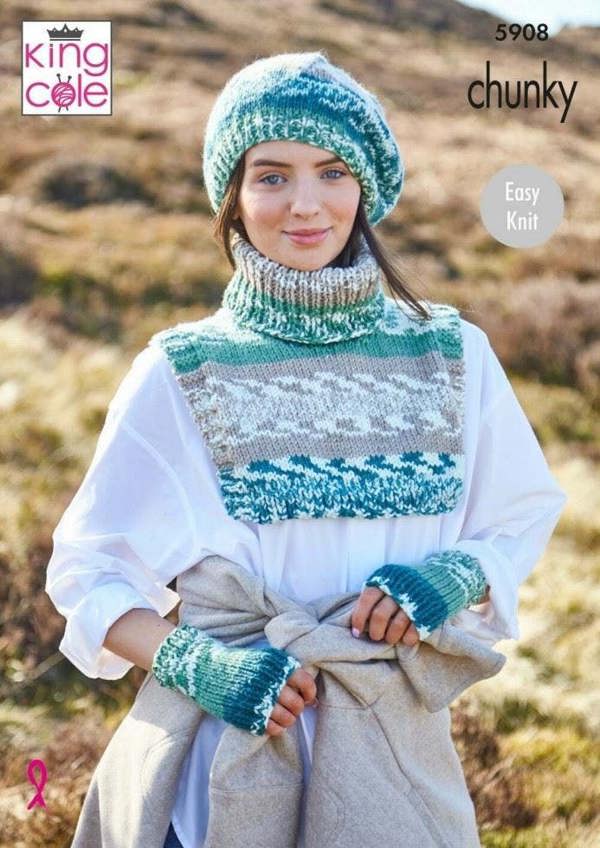 King Cole Nordic Chunky Knitting Pattern 5908, Headwear, Scarves, Wrist Warmers for Women, One Size - Easy