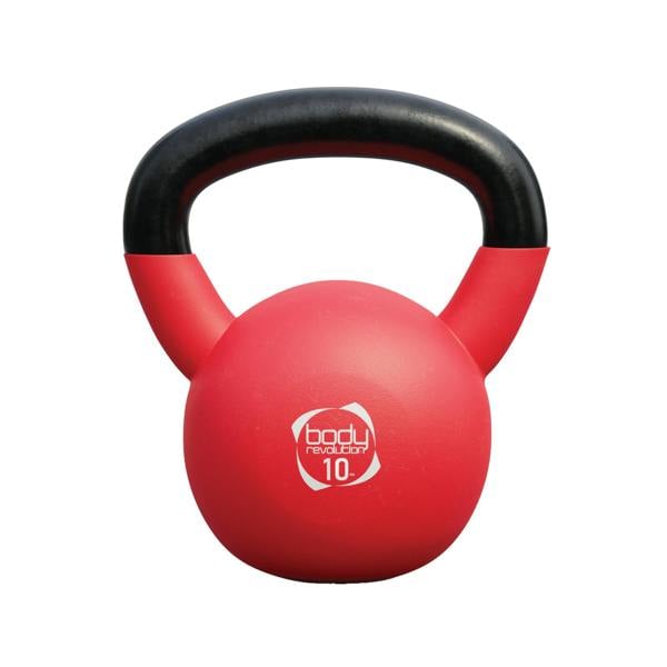 Body Revolution 24kg neoprene kettlebell in vibrant red with a sturdy black handle, ideal for strength training and workouts