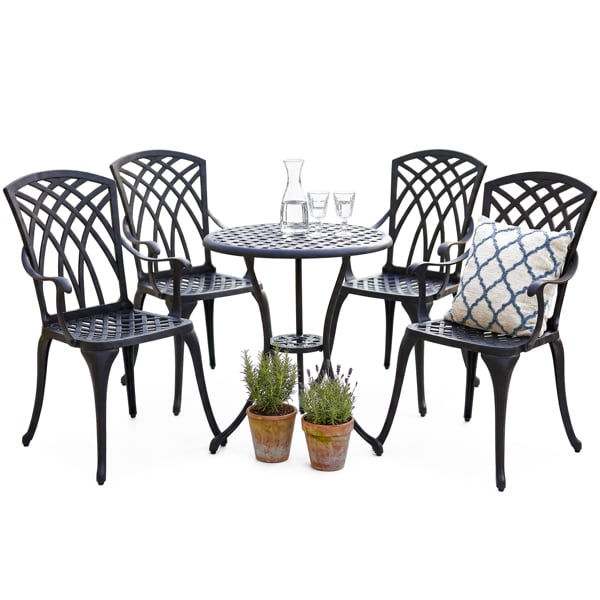 Centurion Supports OSHOWA Garden and Patio Table and 4 Large Chairs with Armrests Cast Aluminium Bistro Set - Black