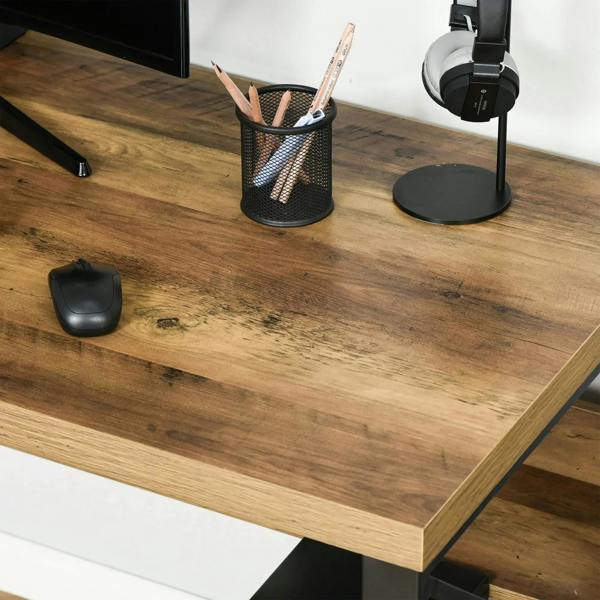 Brown wood-effect tabletop with black metal underframe and storage shelf