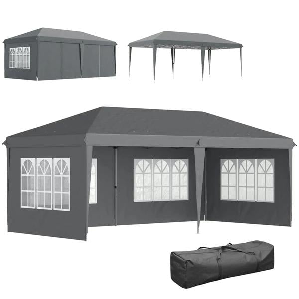 Grey 3x6m pop-up gazebo with removable walls, side panels, and window sections
