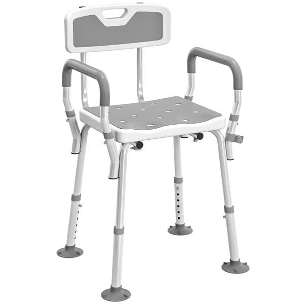 Light grey padded shower chair with back and armrests, height-adjustable legs and suction feet