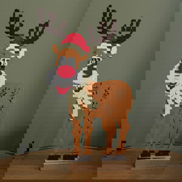 Samuel Alexander 32cm Battery Operated Light up Felt Reindeer with Santa Hat and Warm White LEDs