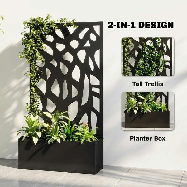 Metal Raised Garden Bed with Trellis, Outdoor Planter Box with Privacy Screen, Elevated Garden Box for Climbing Plants