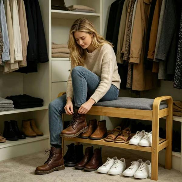 Gr8 Home Bamboo Shoe Rack Bench with Cushion Seat 2 Tier Hallway Storage Shelf
