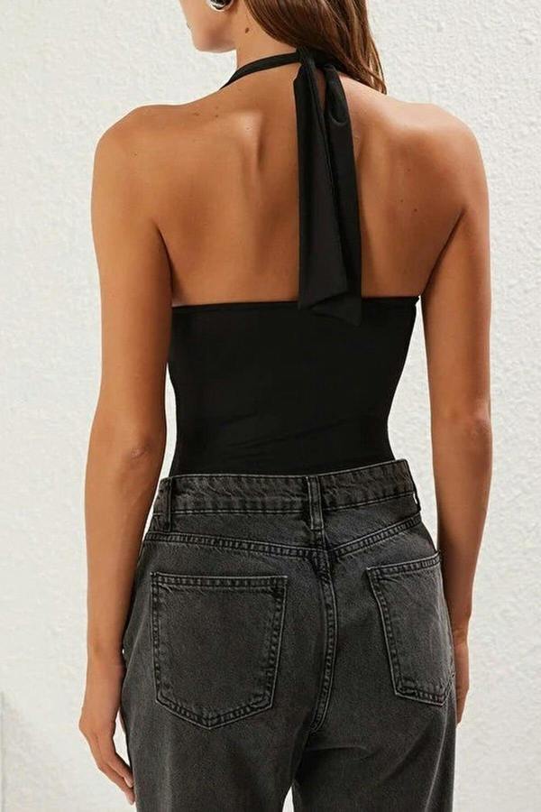 WOVCOR Gathered Halter Neck Knitted Bodysuit