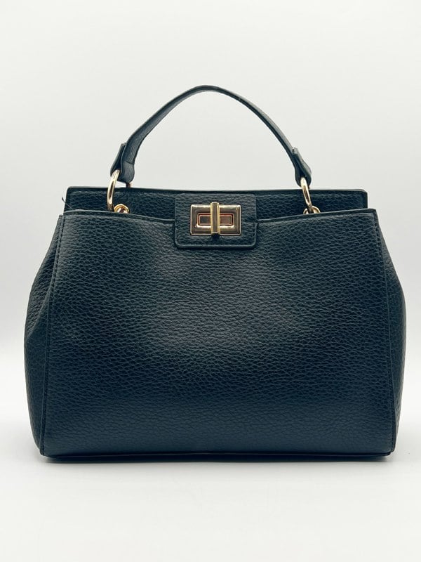 SVNX Black faux leather handbag with gold trim