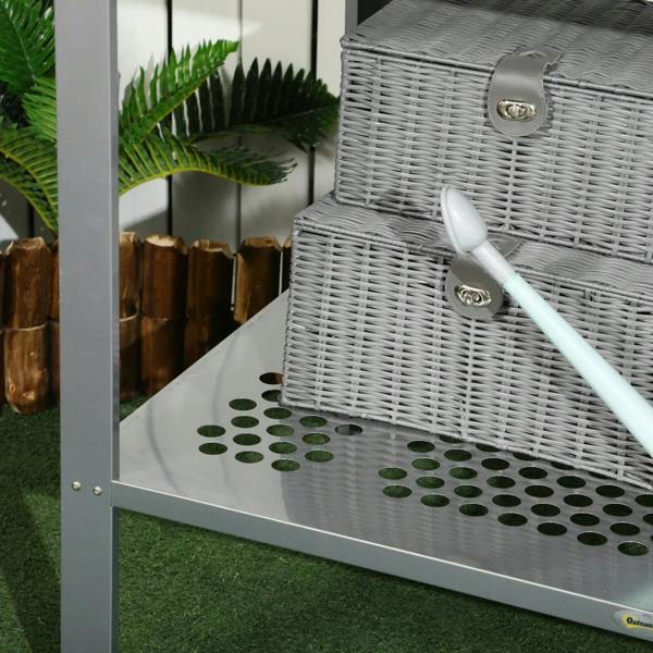 Silver 2-tier plant stand with perforated bottom shelf and woven basket, corner view.