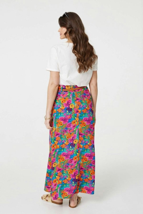 Pink | Floral Print Belted A-Line Maxi Skirt