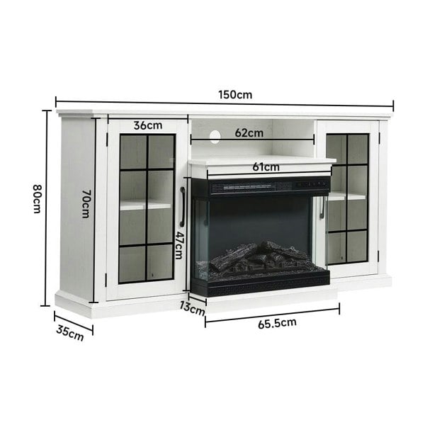 Electric Fireplace TV Stand with Glass Door Closed Storage 3 Flame Colours Freestanding Fireplaces Living and Home