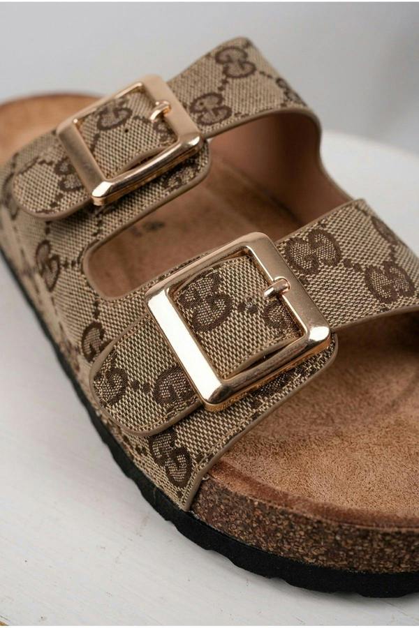 Tamsin Double Buckle Monogram Print Sliders - Khaki