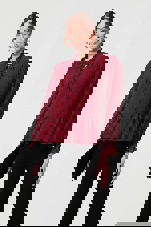 Burgundy | Textured Semi Sheer Frilled Blouse
