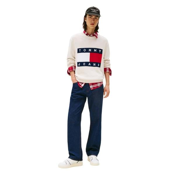 Tommy Jeans Mens Flag Logo Crew Neck Jumper - Antique White Heather - 