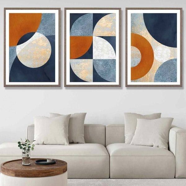 Artze Wall Art Abstract GEOMETRIC Set of 3 Navy Blue Orange and Gold Framed Art Prints