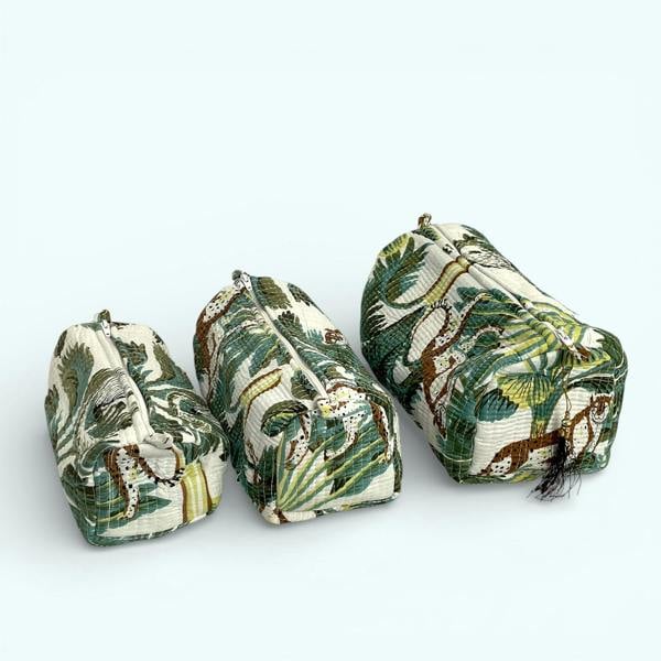 Hayley & Co Wild Animal Print Cotton Washbag, Make Up Bag, Pencil Case with Waterproof Lining - Wild Animal Print in White