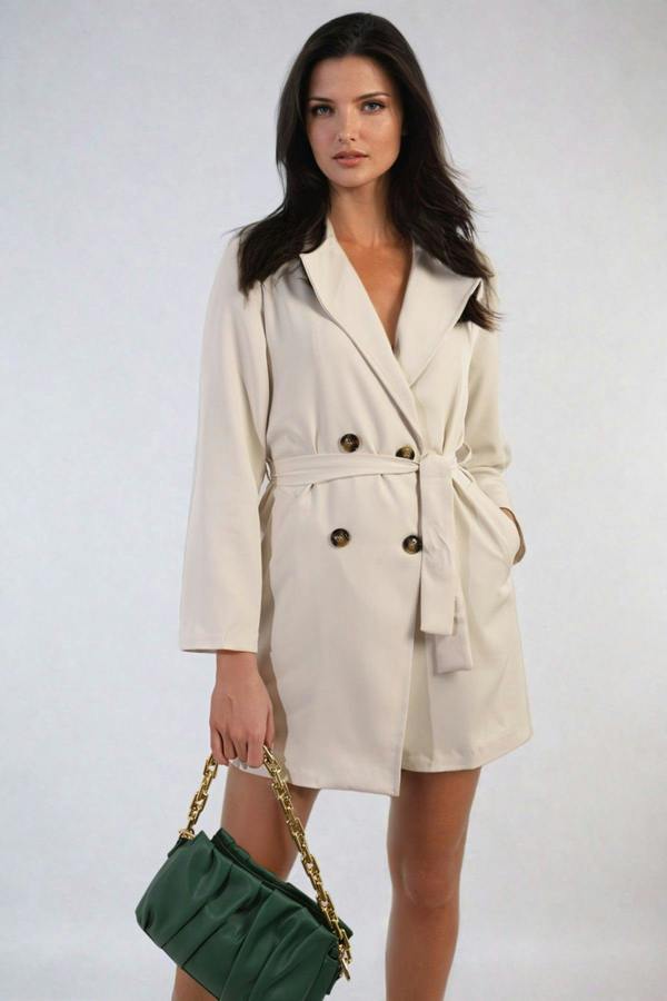 Raven Oversized Waist Tie Button Detail Blazer Jacket - Beige