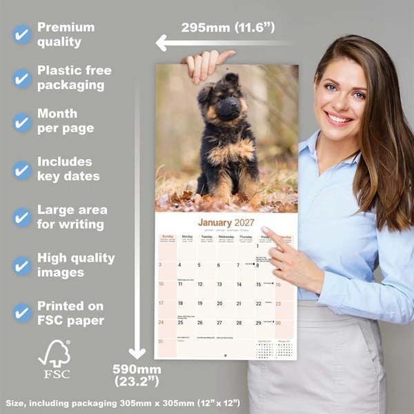 German Shepherd Puppies Calendar 2027, Wall Calendars, Month To View, Dogs, Gift