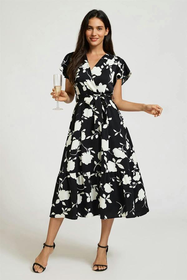 FS Collection White Floral Print Wrap Top Belted Midi Dress In Black