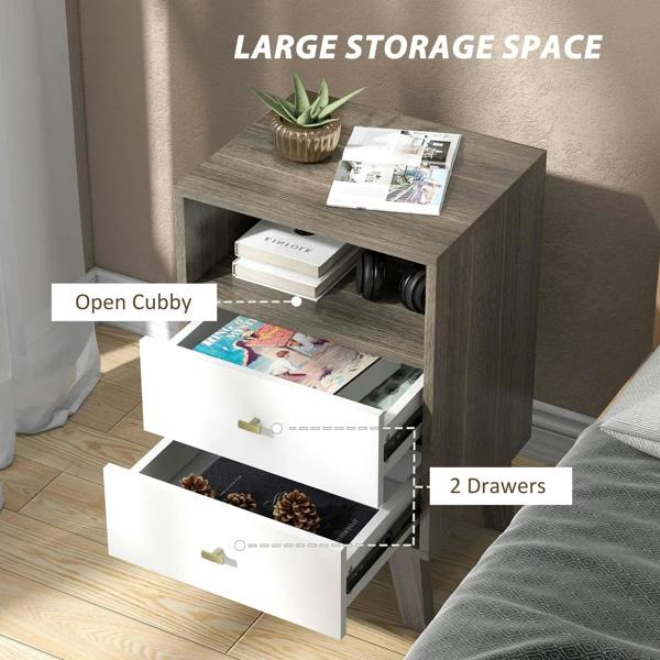 Grey bedside table with open cubby and two drawers, showing storage compartments
