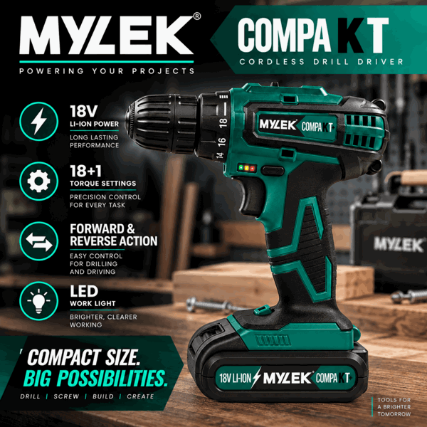 MYLEK 18V Cordless Li-ion Drill And Screwdriver Set With 13 Piece Accessory Kit