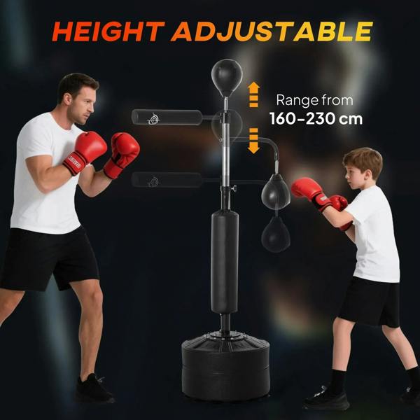 Height-adjustable freestanding punching bag stand with two speed balls and padded bag