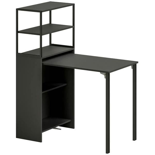 Black folding work table with open storage shelves and side cabinet