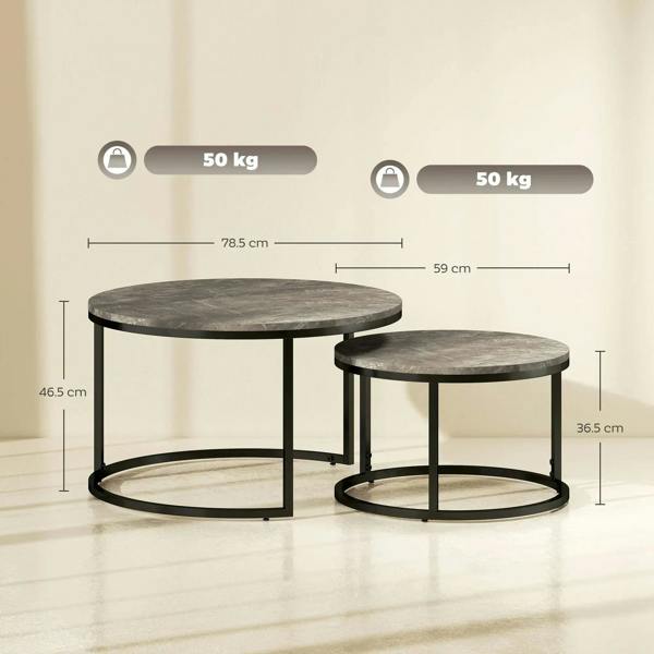 Round nesting coffee table set in dark grey faux marble with steel frames, two sizes