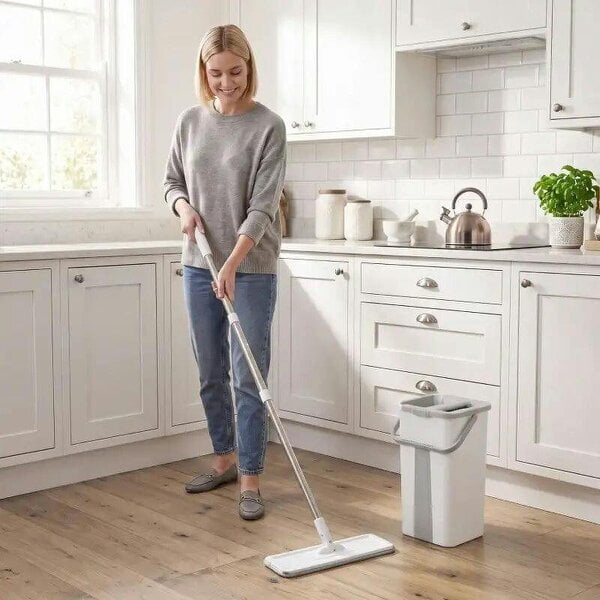 Bobobiy Mop and Bucket Set, Compact Flat Mop System with Wringer, 2-Chamber Design, 5 Reusable Pads, 127cm Handle, White - White