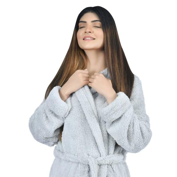 Smart Living Women's Faux Fur Fleece Hooded Bathrobe- Grey