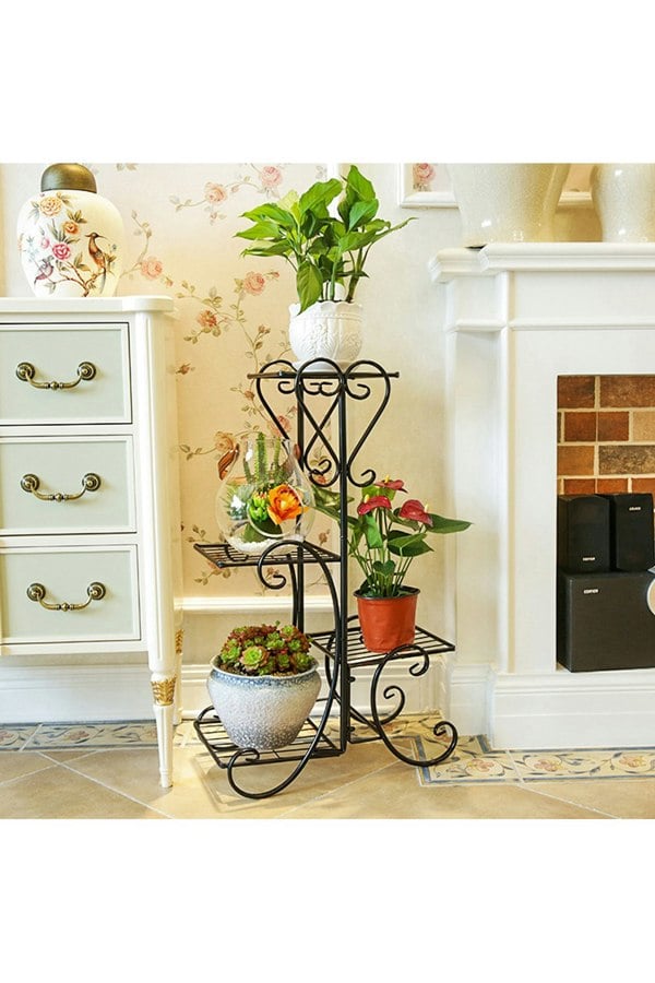 Living and Home 4-tier Tall Black Metal Plant Pot Stand Shelf for Indoors