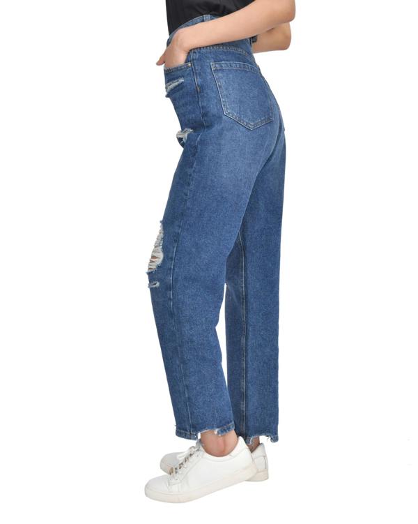 Smart Living Women's Casual Style High-Waist Torn Hem Rip Mom Jeans - Dark Wash