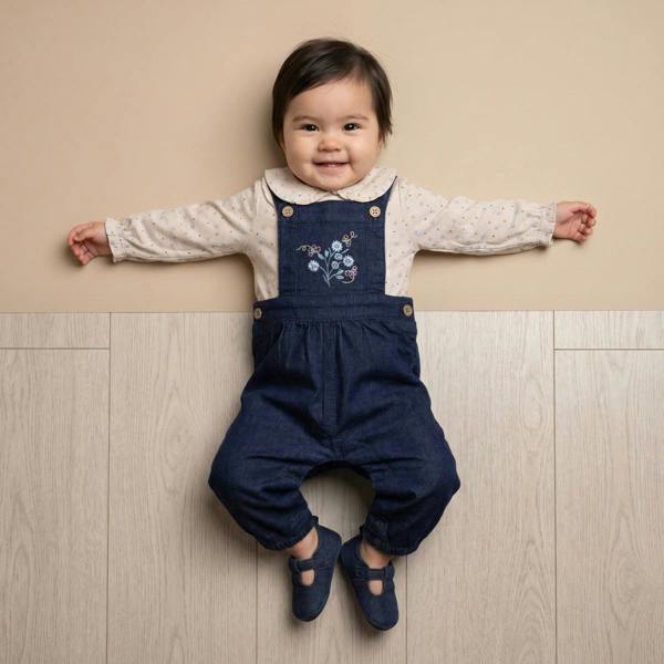 Mini Cuddles Baby Girls Floral Print Top and Embroidered Dungaree Set, Beige and Dark Blue