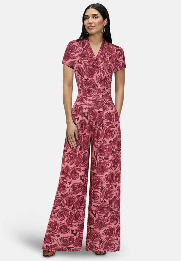 HotSquash V Neck Wide Leg Jumpsuit with Cap Sleeves