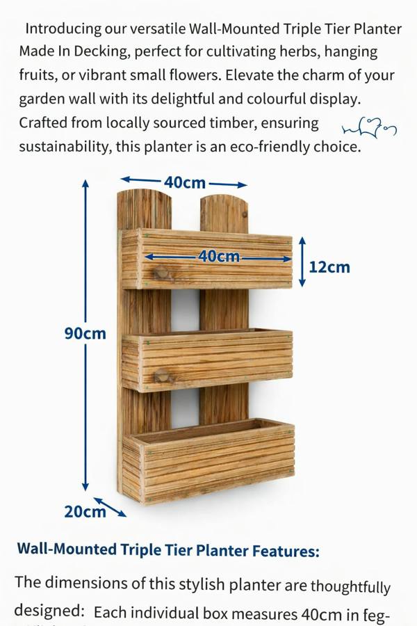 Dimensions of wall-mounted triple tier wooden planter made from decking